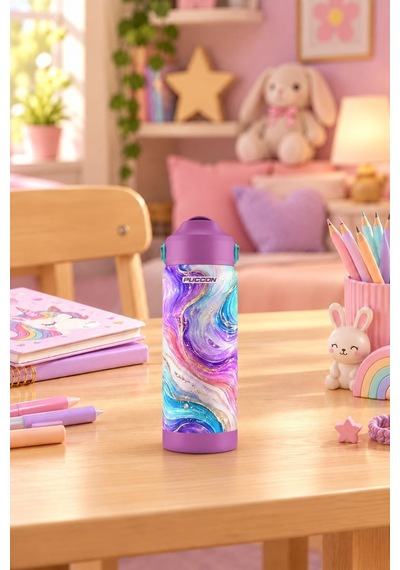 Puccon 540 Ml Renkli Dalga Desenli Mor - Çok Renkli Kız Çocuk Pipetli Çelik Termos Matara/suluk - 60064