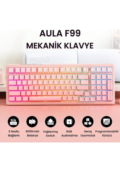 Aula F99 3 Modlu Mekanik Kablosuz Oyuncu Klavyesi Rgb Hot Swap Dream Sakura Switch Makrolu Gradyan Pembe