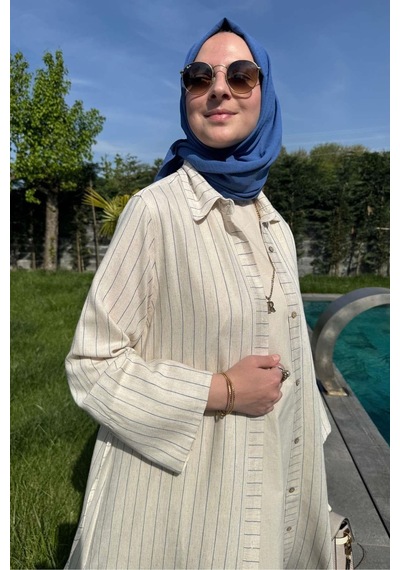 Rabia Şamlı Çizgili Natural Kap İndigo Normal