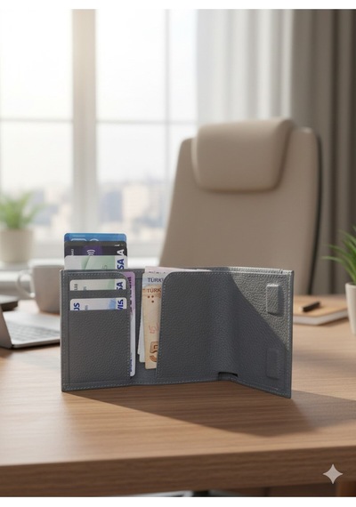 Newish Polo Mekanizmalı Rfid Özellikli Cüzdan Kredi Kartlık - Hakiki Deri Gri