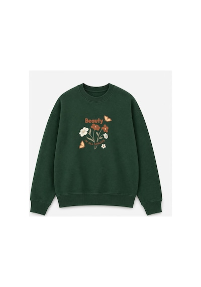 Herkesemoda Beauty Baskı Detaylı Bisiklet Yaka Şardonlu 2 İplik Sweatshirt Yeşil
