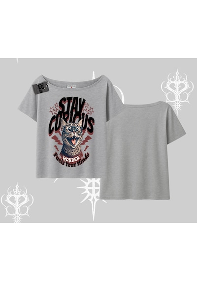 Tarzsokak Stay Curious Kedi Baskılı Kayık Yaka Tshirt Gri