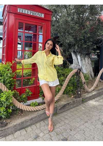 WeShaya Sarı Oversize Cepli Pamuklu Polyester Gömlek Sarı
