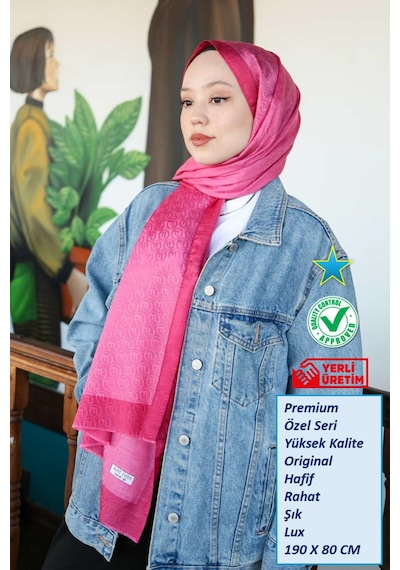 Premium Lux Original Monogram Şal İpek Vual, Yüksek Kalite, Hafif, Rahat, Şık, Tesettür, Shawl Fuşya Şeritli - Logolu