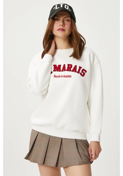 Kadın Marais Ekru Kırmızı Nakışlı Oversize Sweatshirt Ekru