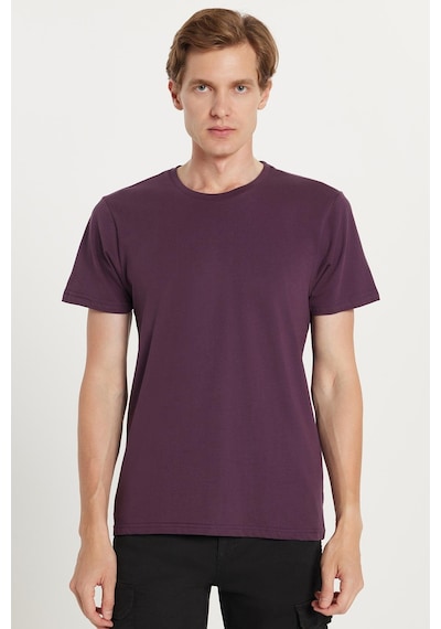 Tudors Unisex Slim Fit Dar Kesim %100 Pamuk Yumuşak Dokulu Mor Bisiklet Yaka Tişört-34610 Mor