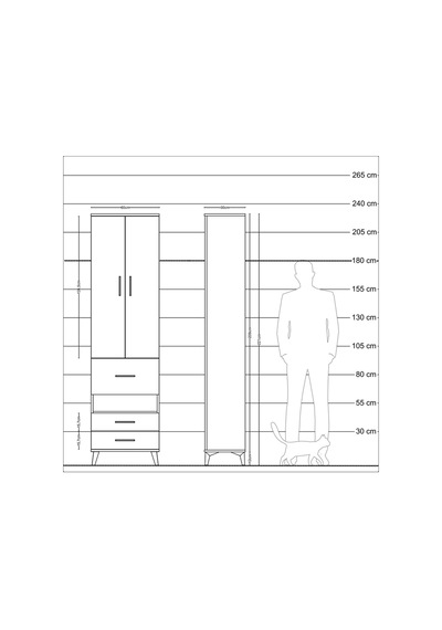 Arges Dolap 3 Raflı 3 Çekmeceli Tek Askılı 60x30x221 Çam-antr... Çam