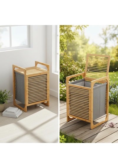 Deconox Doğal Bambu Çamaşır Sepeti 40x35x60 Cm - İçi Bezli, Kapaklı Ve Hasır Kulplu Ahşap Kirli Sepeti Diğer