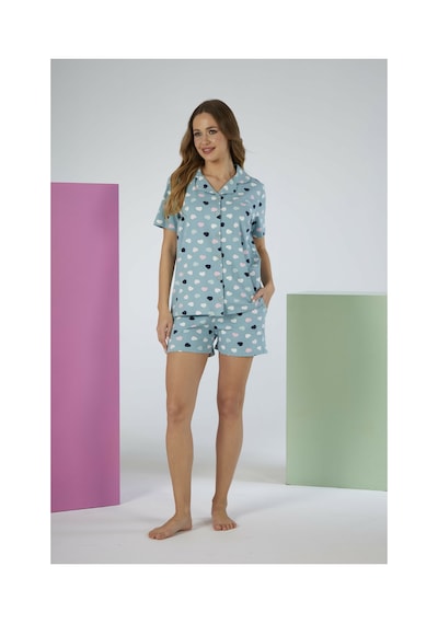 Estiva Kadın Yazlık Kalp Desenli Önden Düğmeli Şortlu Penye Lycra Pijama Takımı Yeşil
