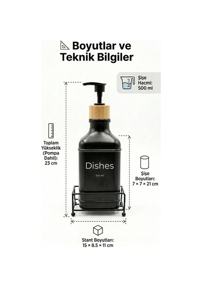 Makri Home Metal Stantlı Bambu Kapaklı Cam Sıvı Sabunluk/deterjanlık, 500 Ml, 15 8,5 23 Cm Siyah