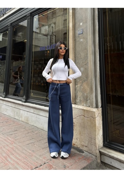 Out Of Standart Kadın Wide-leg Kalıp Beli Lastikli Kordon Detaylı Eşofman Altı İndigo