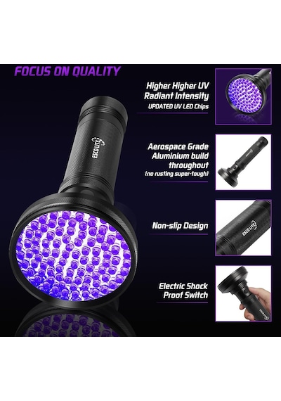 Valkyrie 100 Led 395nm Mor Işık Uv El Feneri - Ultraviyole Siyah Fener - Ev Otel Evcil Hayvan Para Siyah