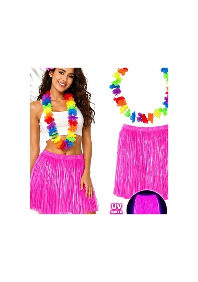 Neon Pembe Hawaii Etek 40 Cm Ve Rengarenk Hawaii Kolye Evimdeyokyok