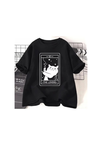 Startmore Beyaz Tarot Aşıklar Kedi Sevgilisi Çılgın Kedi An Grafik Tees Harajuk Siyah