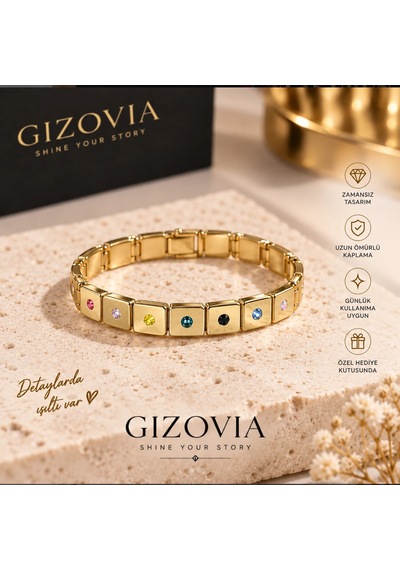 Gizovia Rainbow Chic Gold Renkli Taşlı Bileklik Çok Renkli