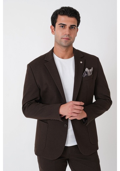 Slim Fit Torba Cep Esnek Tencel Kumaş Kahverengi Ceket C 751