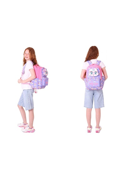 Kaukko Kız Çocuk 3d Kedi Şekilli Mor Pembe Okul Sırt Çantası Ve Isı Yalıtımlı Beslenme Çantası Seti Mor - Pembe