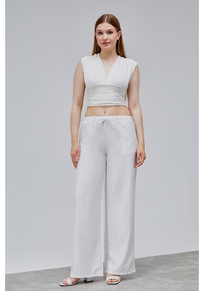 Genius Store Kadın Pantolon Geniş Paça Yüksel Bel Cepli Çizgili Pantolon Çizgili-pantolon Beyaz