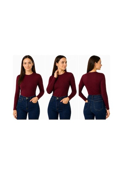 İngegno Body Bisiklet Yaka Uzun Kol Örme Kumaş Viskon Kadın Body Bordo