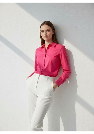Pera Moda Kadın Basic Gizli Düğme Özellikli Gömlek Fuşya