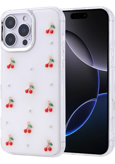 Apple Uyumlu iPhone 16 Pro Max Kılıf Airbag Tasarımlı Simli Şeffaf Tchs Kutup Kapak - Kiraz Kiraz