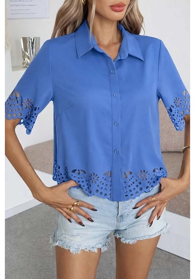 Defymoda Kadın Kısa Kollu Yakalı Önden Düğmeli Dubai Gömlek Bluz Mavi