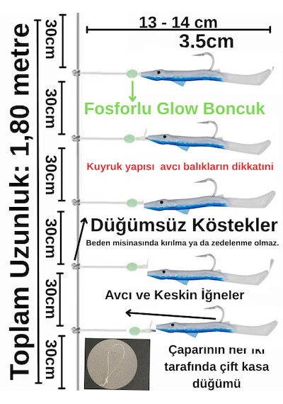 Ea Genset Silikon Balıklı Çapari 3.5 Cm 2 Adet Silikon At Çek Takımı Mavi Fosforlu Glow Boncuklu