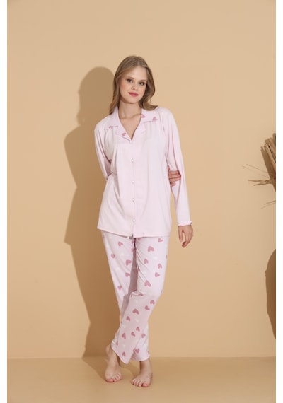 Lukitus Gömlek Yaka Düğmeli Milan Kumaş Uzun Kol Kadın Pijama Takımı Açık Pembe