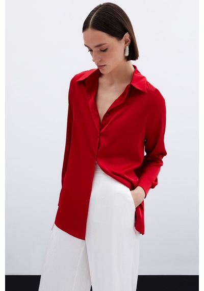 Sateen Oversize Saten Gömlek - Kırmızı