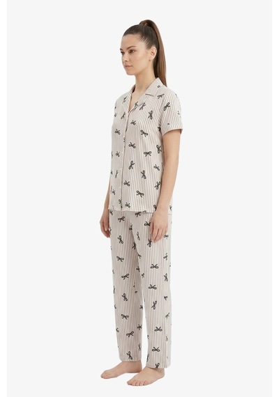 Cottonhill Gri Çizgi Desenli Yumuşak Dokulu Gömlek Yaka Kadın Pijama Takımı