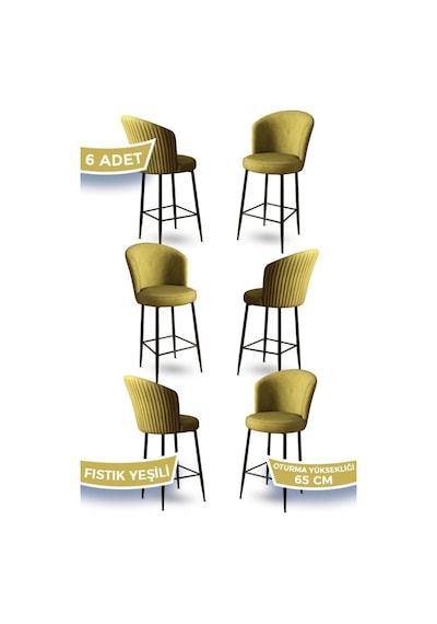 Canisa Alte Serisi 6 Fıstık Yeşili Sandalye 65 Cm Ada Mutfak Bar Sandalyesi Babyface Kumaş Siyah Metal Ayak Sandalyeler Fıstık Yeşili Ayaklar Siyah