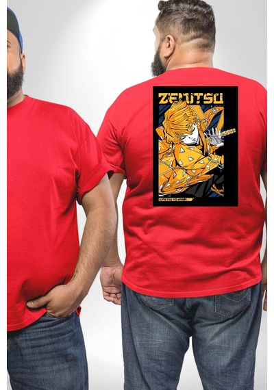 Angemiel Zenitsu Agatsuma Anime Büyük Beden Kırmızı Tişört Kadın Erkek Ünisex Sırt Baskılı Kırmızı
