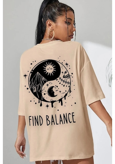 Flood Of Style Unisex Yin & Yang Baskılı T-shirt Bej