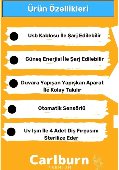 Premium Usb Şarjlı Güneş Enerjili Otomatik Diş Macun Sıkacağı Sterilizatörlü 4 Adet Fırçalığı Tutucu Diğer