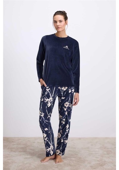 Findit Uzun Kollu Kadife T-shirt Ve Çiçek Desenli Pantolon Pijama Takımı Lacivert