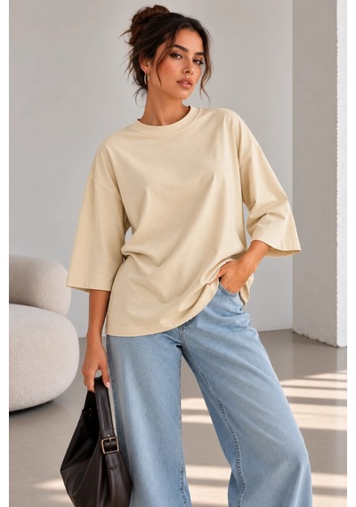 Bb Butik Basic Kadın Oversize Modal Bluz Truvakar Kol Basic Lnc34 Açık Sarı