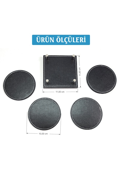 Prozenis Pr4217 Lüks Ahşap Standlı Yuvarlak Deri Bardak Altlığı Siyah