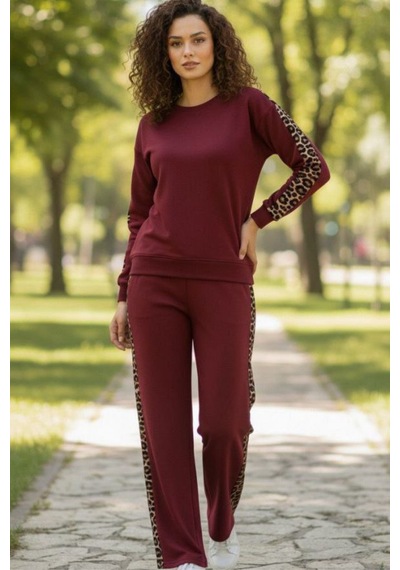 Trend Alisse Bisiklet Yaka Leopar Garnili Esnek Cepli Modal Takım Bordo