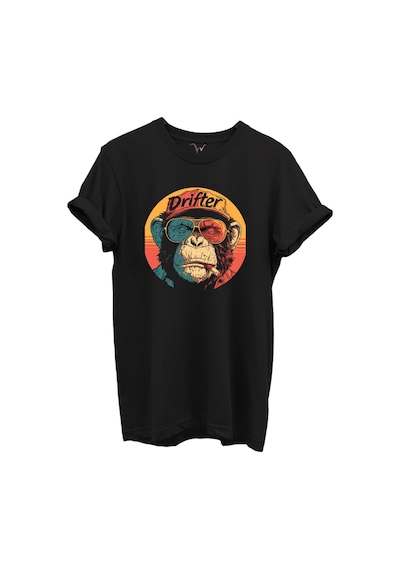 Drifter Yazılı Renkli Gözlüklü Maymun Baskılı %100 Pamuk Siyah Regular Fit Unisex T-shirt Siyah