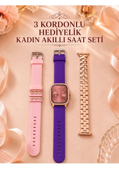 3 Kordonlu Rose Gold Kasalı Kadın Akıllı Saat Seti - Lisinya