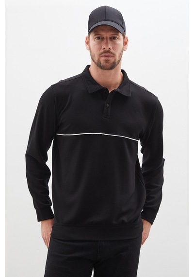 Fullamoda Çizgili Polo Yaka Yarım Düğmeli Sweatshirt Siyah