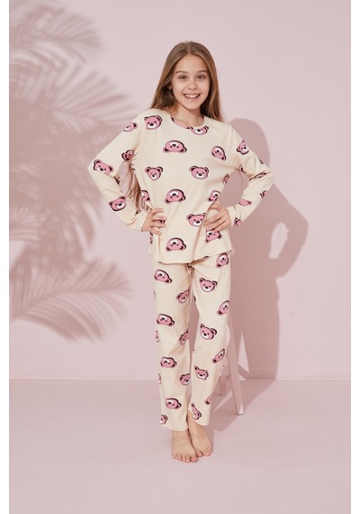 Siyah İnci Pamuklu Örme Pijama Takım 24241114 Krem