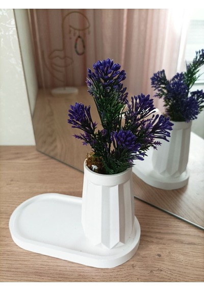 Mini Düz Desenli Beton Saksı Tekli Ve Oval Tabak - Yapay Çiçek Hediyeli - Mor Tomurcuk