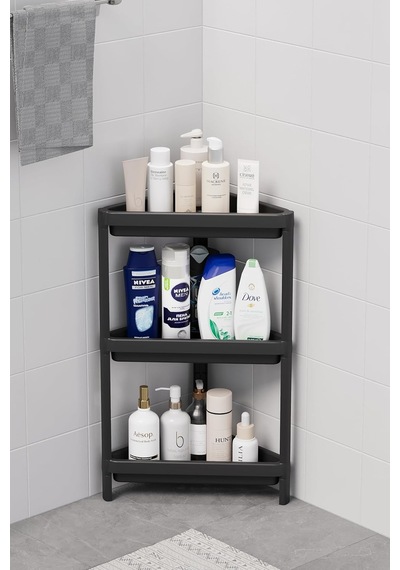 3 Katlı Üçgen Plastik Beyaz Banyo Mutfak Rafı Mıt1059 Abanoz - Beyaz