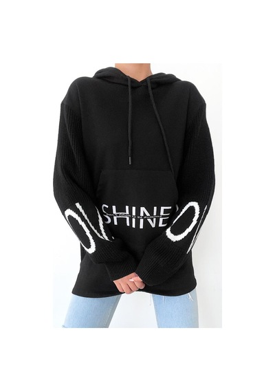 Femelle Siyah Beyaz Shine Yazılı Kollar Örme Triko Detaylı Kanguru Cepli Kapüşonlu Kadın Sweatshirt Hoodie Femelle Siyah Beyaz Shine Yazılı Kollar Örme Triko Detaylı Kanguru Cepli Kapüşonlu Kadın Sweatshirt Hoodie