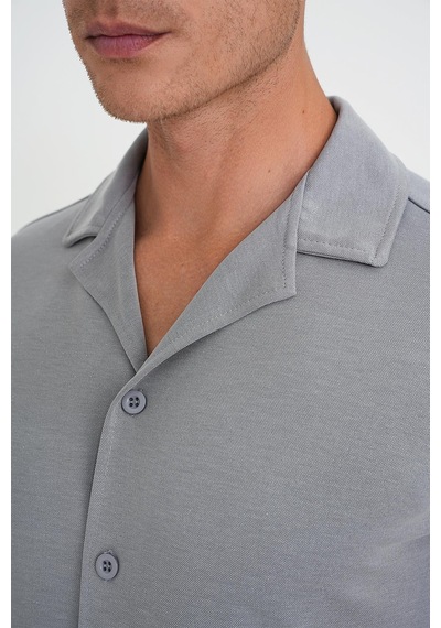 Efor Slim Fit Apaş Yaka Modal Karışımlı Kısa Kol Gri Gömlek G 1590 Gri