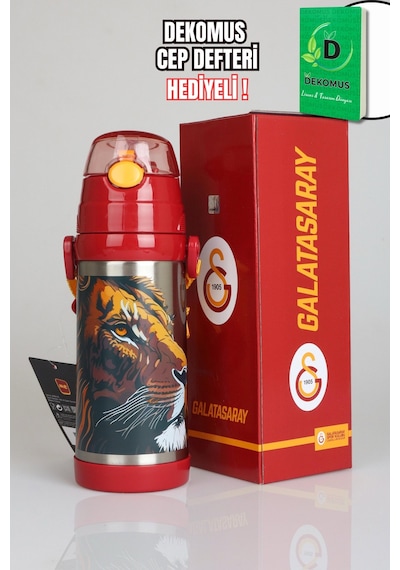 "dekomus Cep Defteri Hediyeli" Lisanslı Galatasaray Leon Askılı Çelik Matara 500 Ml Ahşap