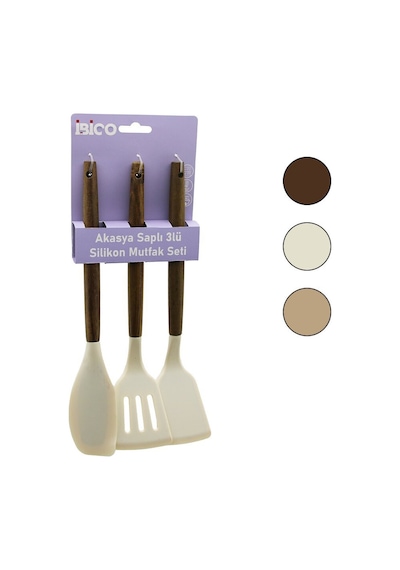 İbico İ22-014 Renkli Silikon Mutfak Seti - Ahşap Akasya Saplı Klasik, Yan, Delikli Spatula 30cm- 12'li Paket