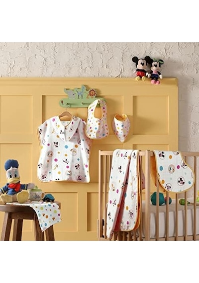 Taç Mickey Lisanslı Karakter Baskılı Pamuk Müslin Bebek Omuz Bezi, Çok Renkli, 20x55 Cm