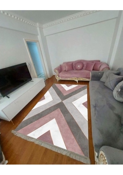 Veranda Kaymaz Tabanlı Yıkanabilir Halı Kilim Yolluk Gri Pembe Gri